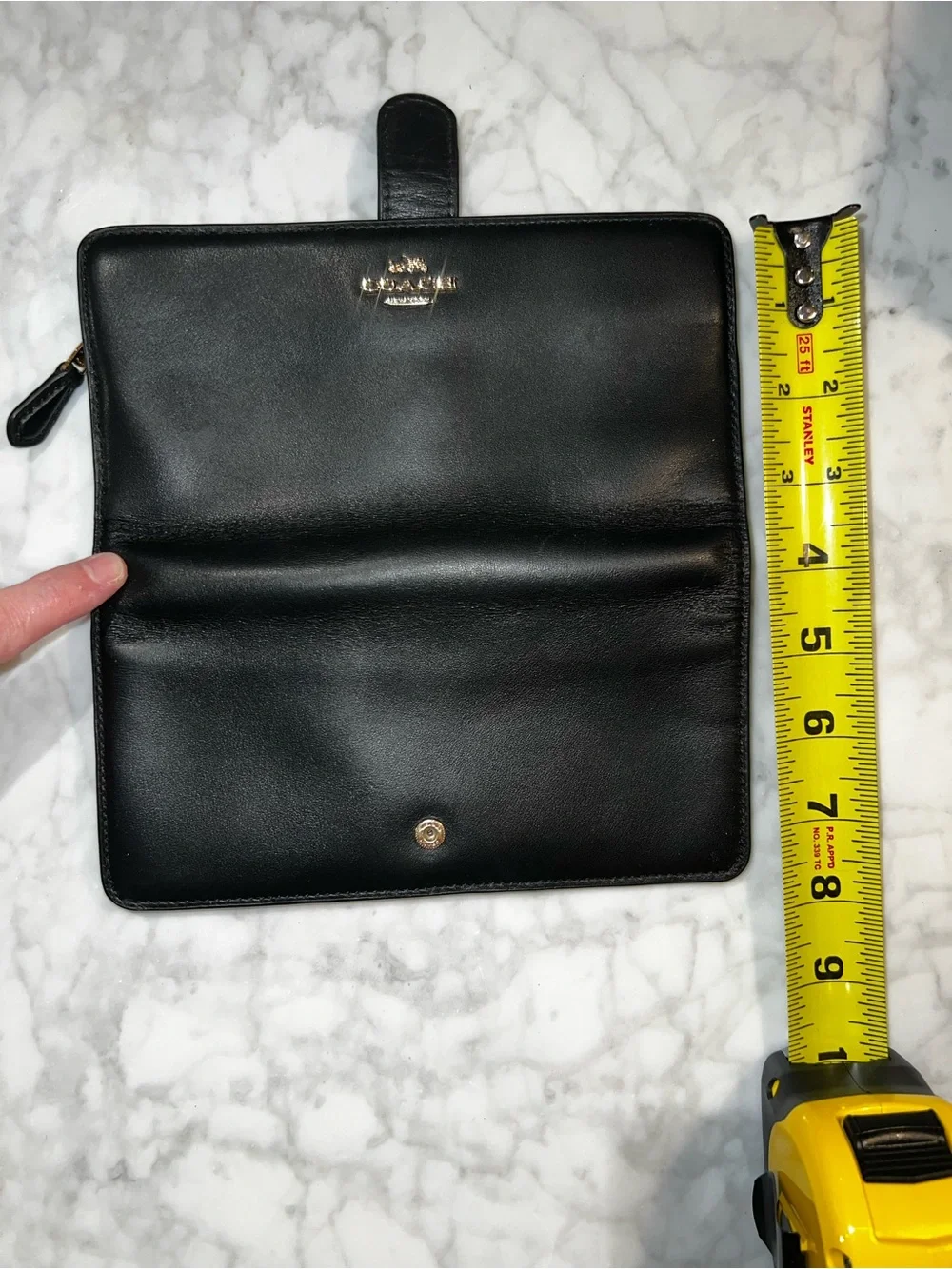 Black Leather Pocketbook/Zippered Wallet with Gold Tone Logo